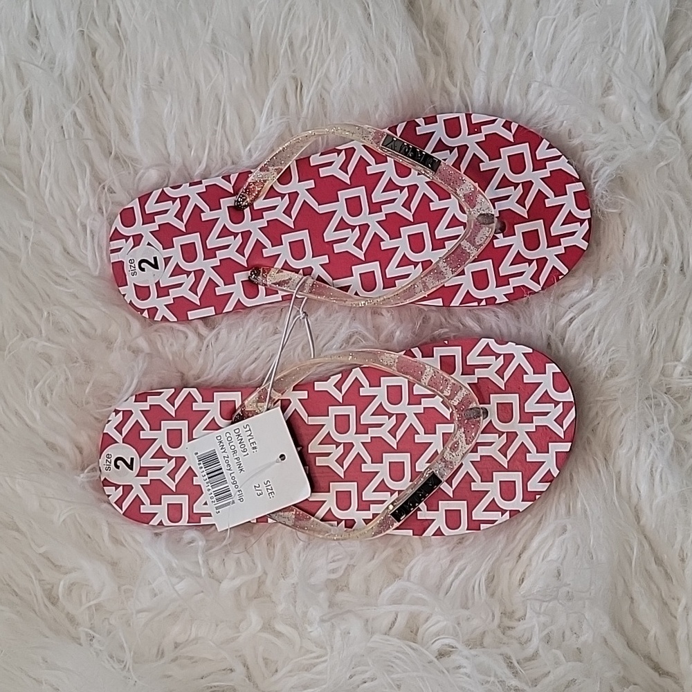 DKNY Zoey Logo Flip-flops in Pink with Clear Glitter Thong Straps in Size 2 / 3